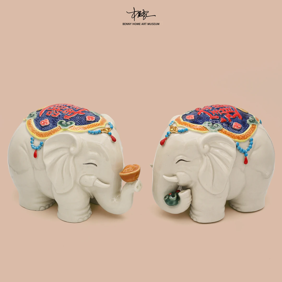 【BENNY本尼家】非遗手工石湾陶陶瓷如意小象一对客厅装饰玄关摆件