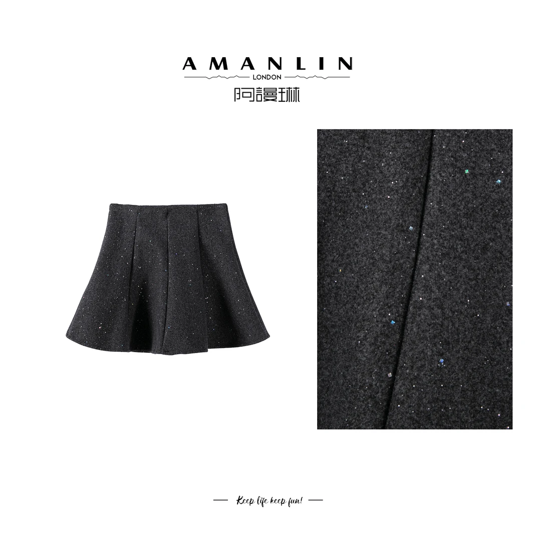 【AMANLIN】简约设计感高腰百搭修身A字纯色半裙细闪短裙F595271