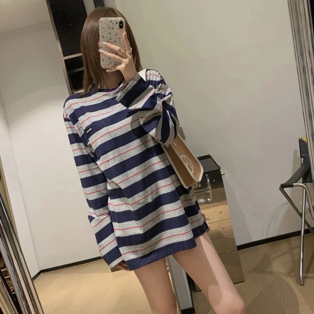 未使用 MIU MIU/缪缪 tem05/条纹标语字母平纹落肩长袖 l码 棉