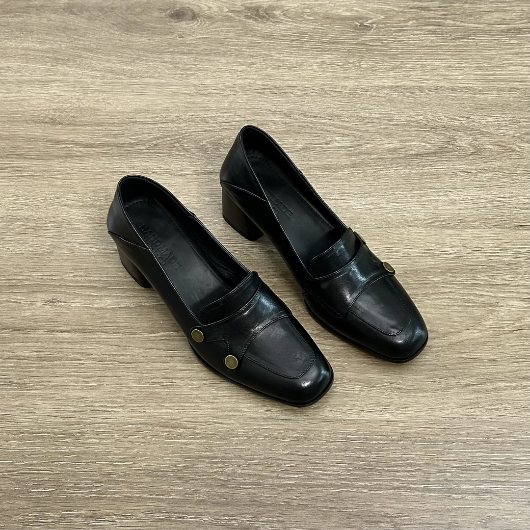 Dannyfrey手工小牛皮纽扣高跟乐福鞋女粗跟方头复古英伦风小皮鞋