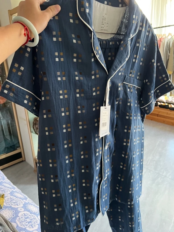 双层纱短袖睡衣日式风格无侧缝格子情侣夏季家居服套装