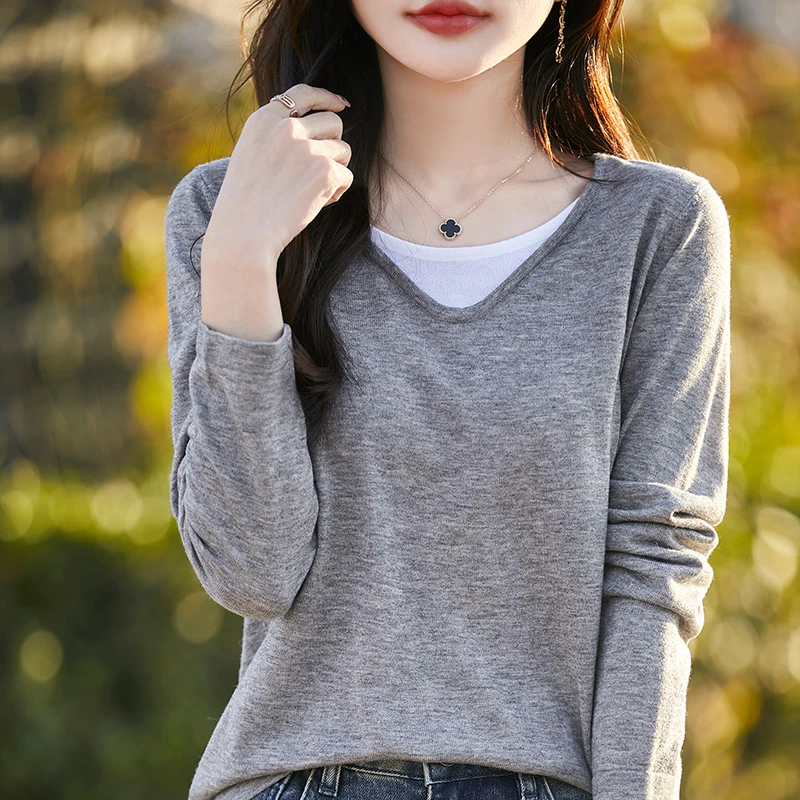 哥弟阿玛施正品秋季新款V领针织长袖T恤条纹显瘦百搭假两件上衣薄