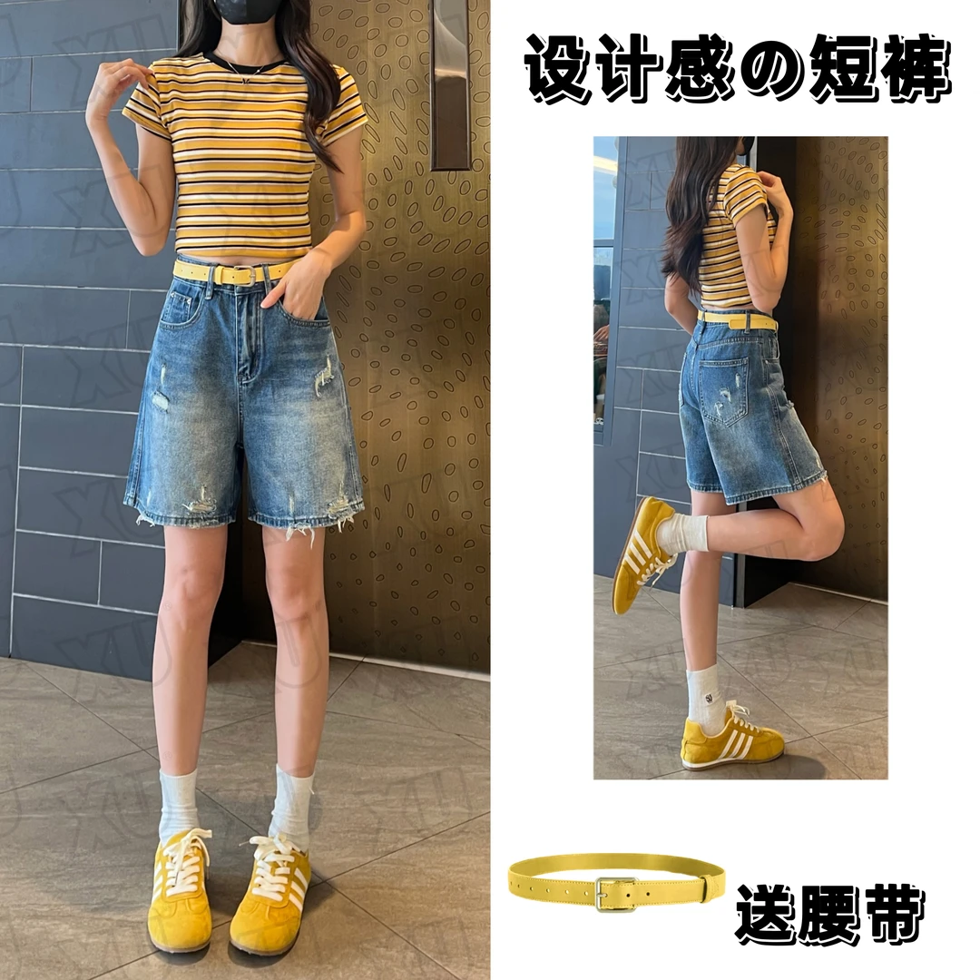 【送腰带】7532 W复古四分牛仔短裤女新款百搭高腰休闲显瘦夏天薄款