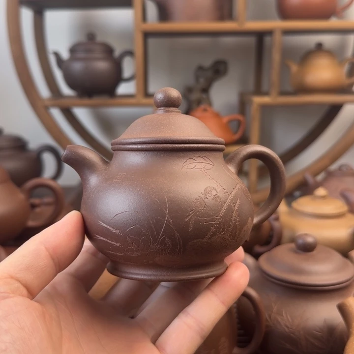 紫砂茶壶高潘200cc台西嫩底槽清刻绘