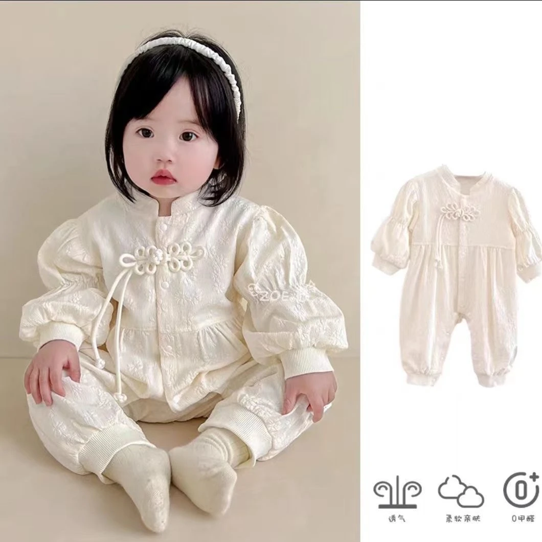 婴儿春装女宝宝新中式泡泡袖连体衣满月百天周岁新生儿洋气外出服
