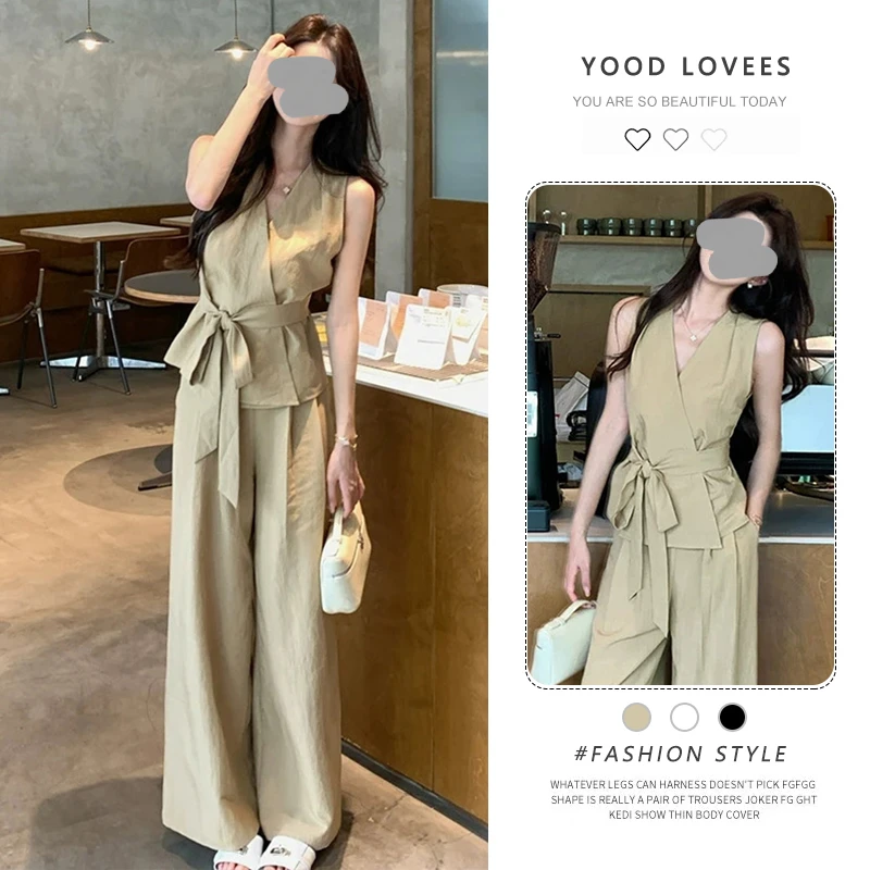 欧货气质高级感时尚套装女夏季绑带V领无袖上衣高腰阔腿裤两件套