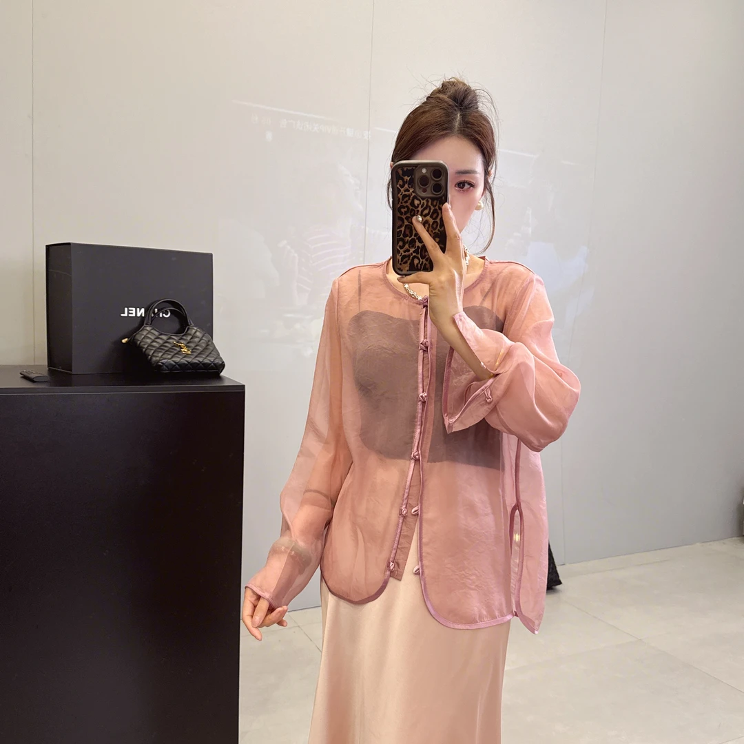 韩版东大门圆领净面暮云纱包边百搭衬衫2025050