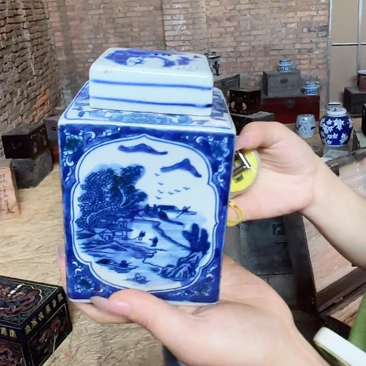 摆件景德镇高温陶瓷青花四方盖罐
