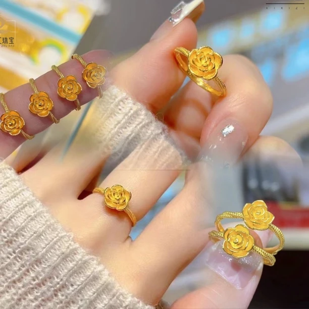 黄金色玫瑰花戒指时尚气质可调节精美百搭女士指环