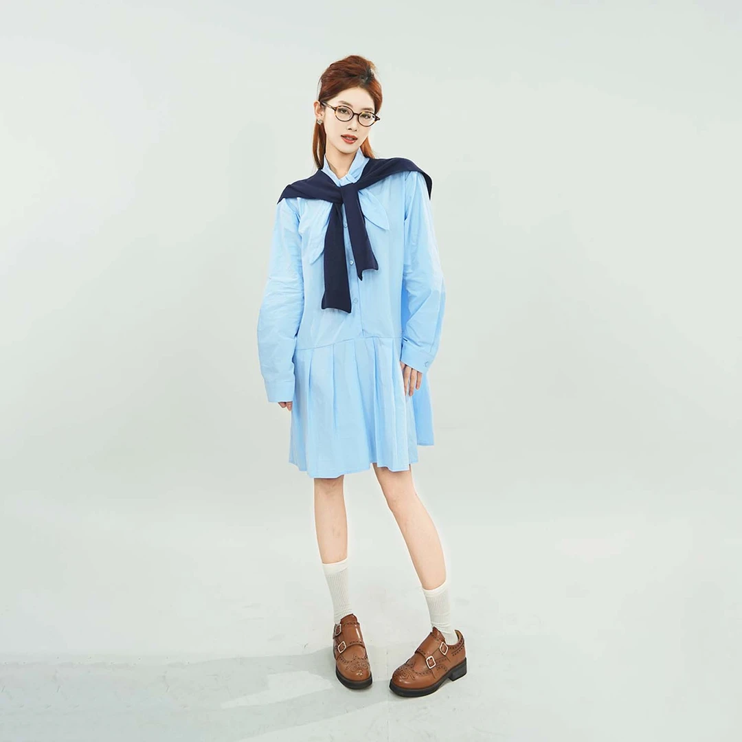 2025年新款女装气质长袖衬衫连衣裙法式别致设计感显瘦学院风裙子