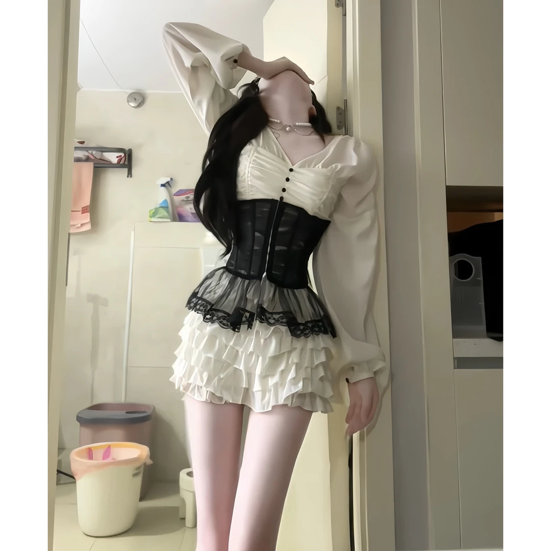 拜占庭 秋季新款纯欲风宫廷风性感V领出游上衣+半裙+鱼骨腰封套装