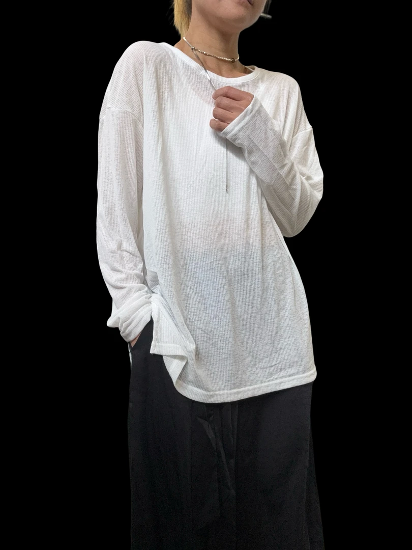 6071（三色开衩）长袖衫时尚宽松休闲纯色潮流ins简约套头圆领百搭