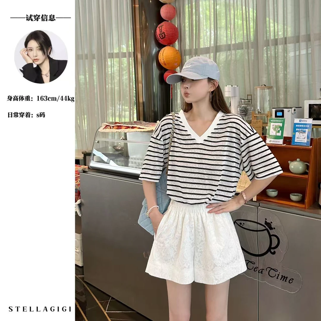 SG / 杨依姗 SS条纹撞色V领短袖T恤T-20251036