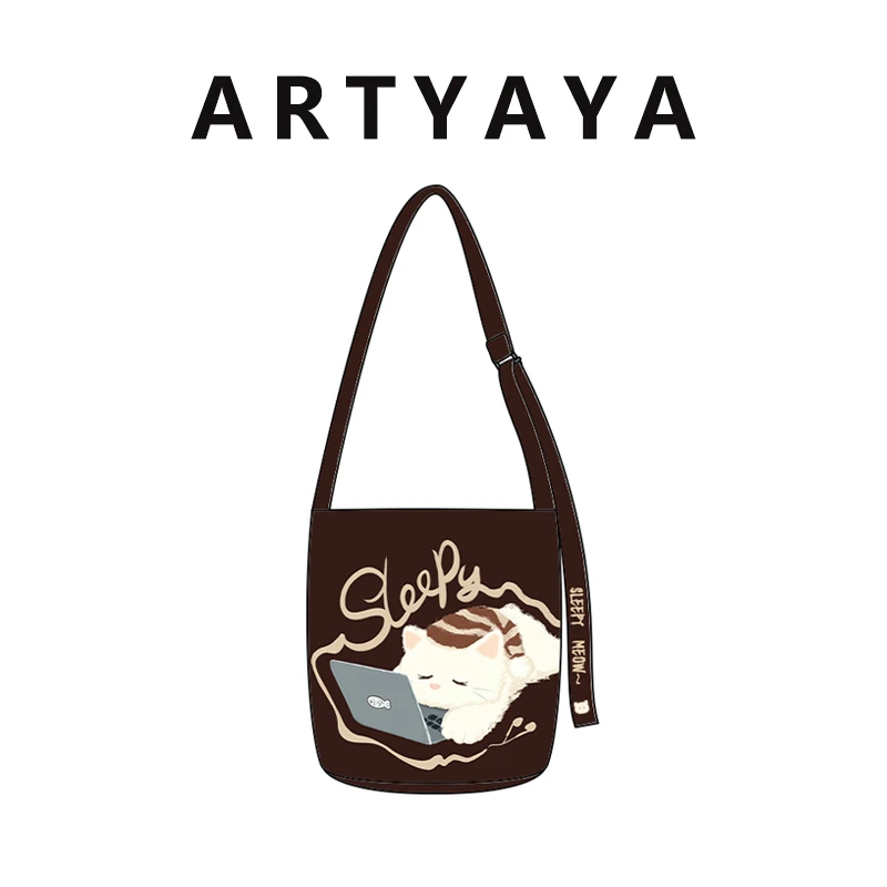 艺术鸭原创困困喵椭圆底飘带水桶包单肩斜跨手提小众百搭通勤包