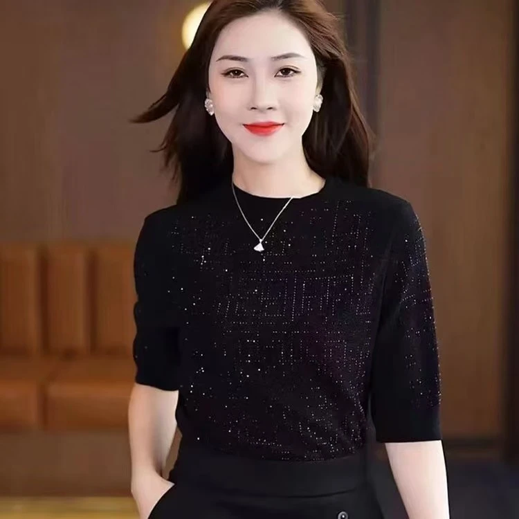 春秋新款圆领纯色方块烫钻气质上衣遮肉显瘦洋气女中袖打底衫小衫