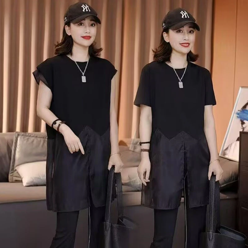 时尚潮流圆领拼接欧根纱T恤女夏季显瘦洋气宽松打底百搭休闲上衣