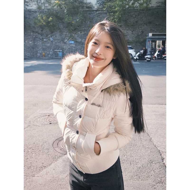 韩系复古连帽毛领收腰棉服外套女冬季设计感独特别致保暖防寒棉衣