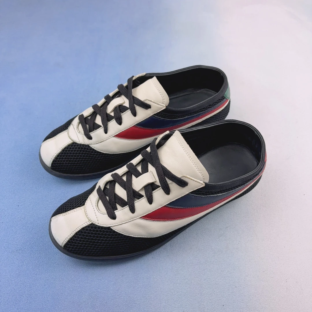 95新 GUCCI/古驰 40.5码/白红蓝条纹 小蜜蜂尾 低帮休闲鞋/无原盒