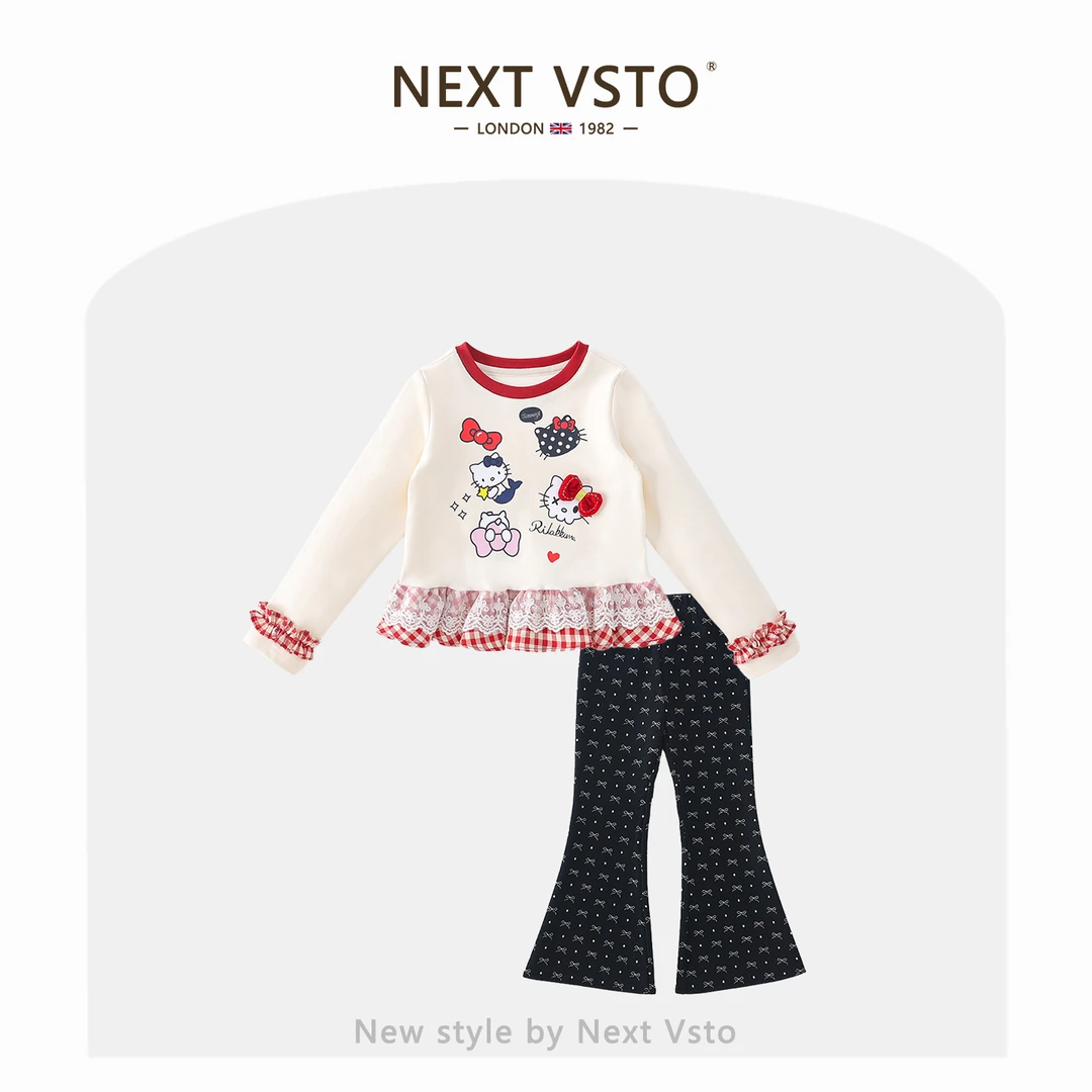 英国NEXT VSTO女童春秋款套装新款洋气小女孩卡通上衣波点喇叭裤