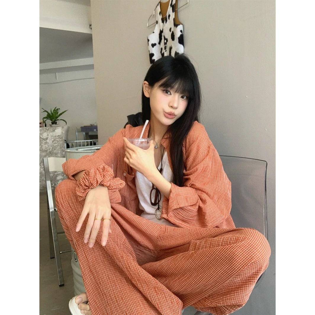 慵懒风穿搭褶皱宽松薄款长袖开衫阔腿休闲裤女2025秋季新款套装潮