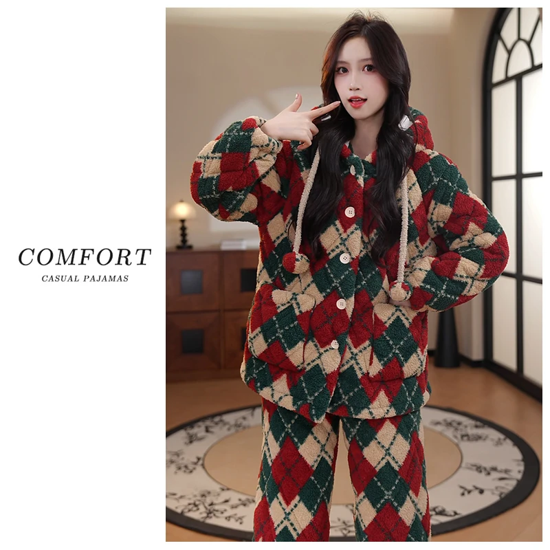 新款三层夹棉长毛绒加绒加厚卡通睡衣女连帽套装冬季可外穿家居服