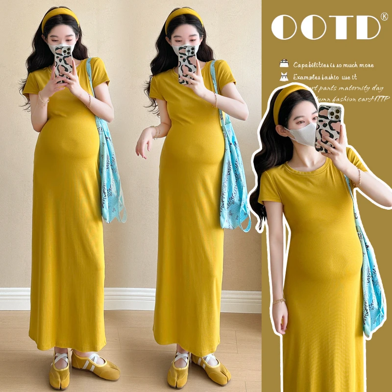 孕妇装夏季2025新款法式气质圆领高级感修身显瘦百搭孕妇连衣裙