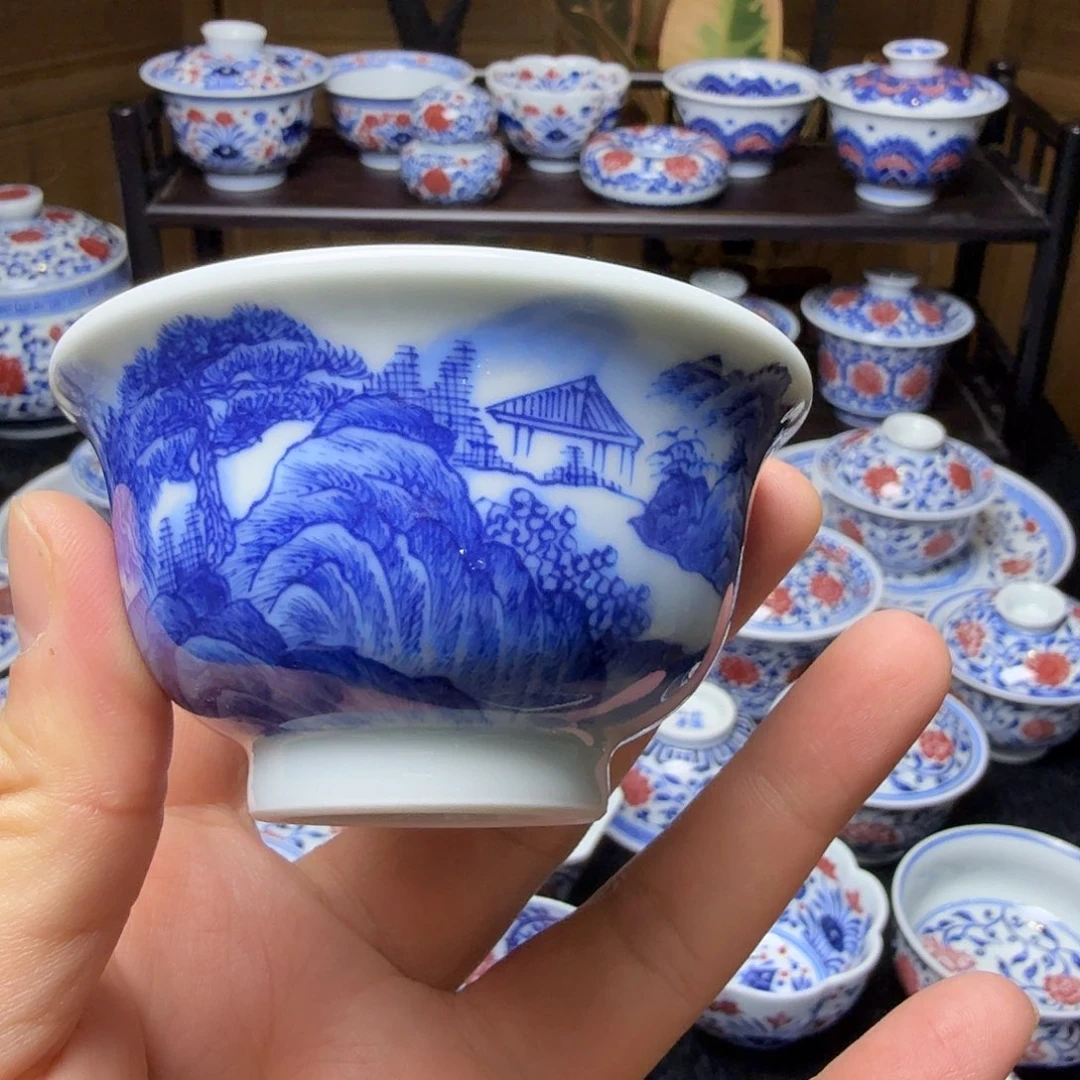 青花釉里红山水中压手杯