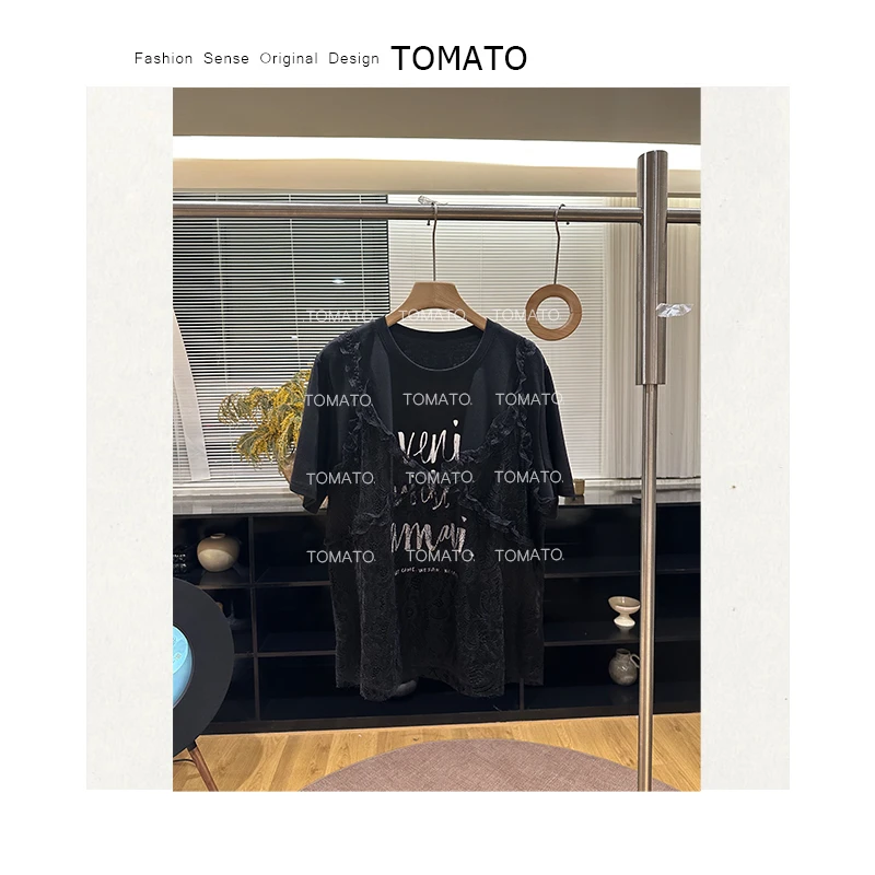 清仓款不退不换！ 韩系新款蕾丝花边假两件荷叶边休闲短袖C25T2133