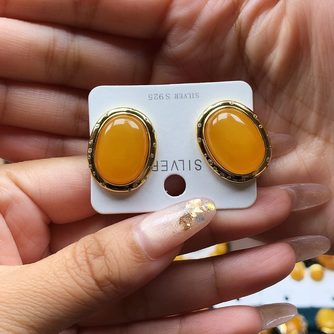 蜜蜡银S925镶嵌耳饰耳钉