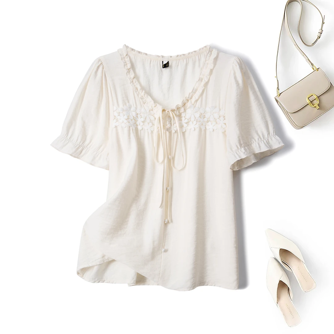 清2025夏季胖mm大码女设计感蕾丝花边短袖衬衫法式通勤上衣64695