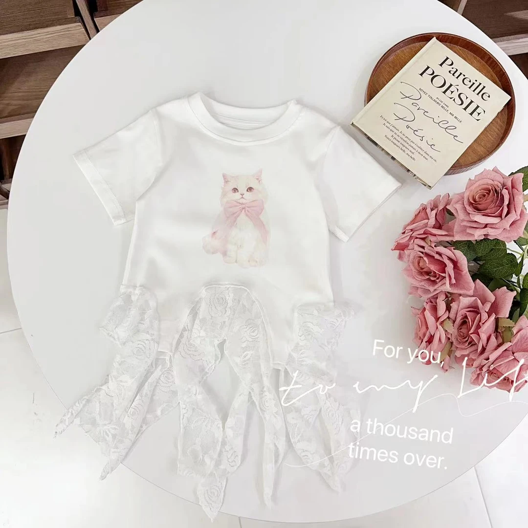 汤圆家童装2025夏季新款韩系不规则下摆蕾丝飘带甜美T恤 YA-1519