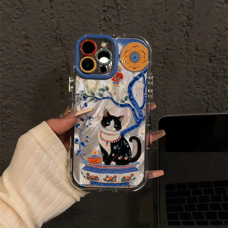 适用苹果16羽纱奶油手机壳iPhone15华为mate70花瓶猫咪小米15新款