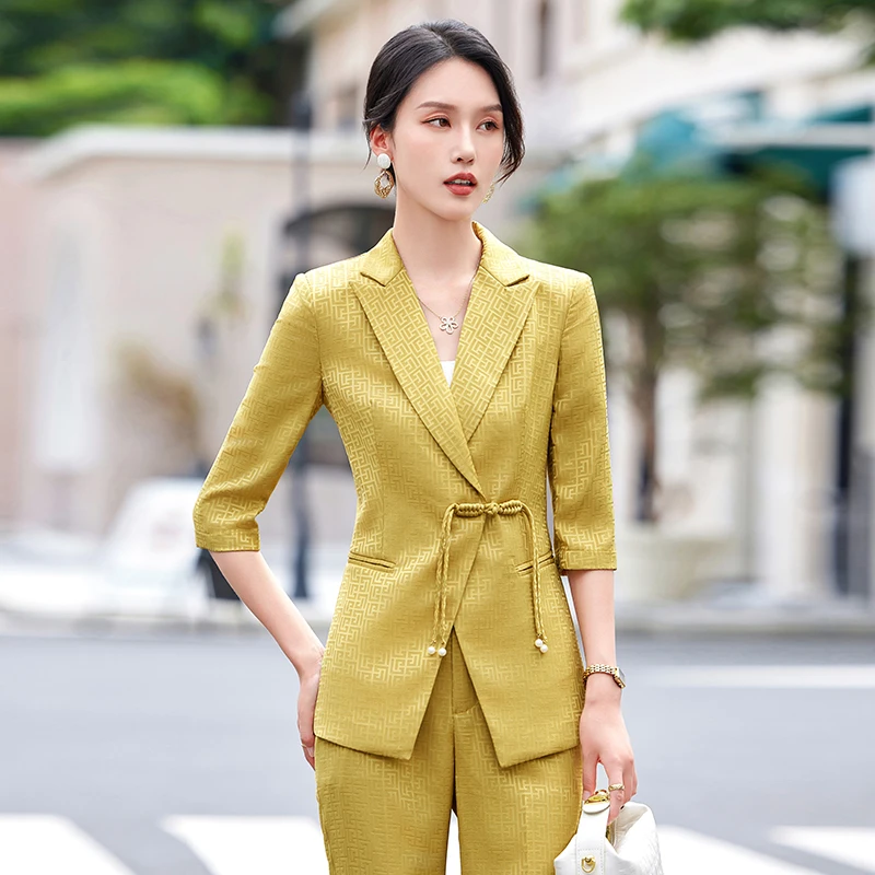 高端缎面西装外套女夏季薄款七分袖设计感小众气质职业装西服套装