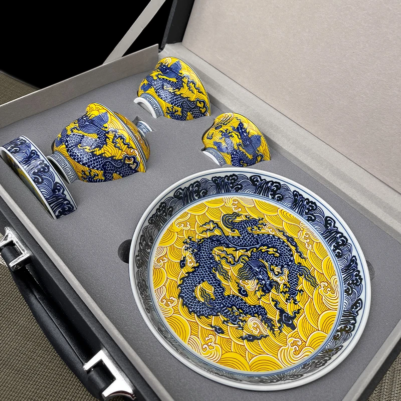 景德镇青花黄龙纹功夫茶具套装盖碗茶杯家用中式泡茶器高档送礼盒