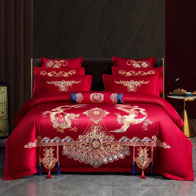 工厂直发【龙翔凤舞】大红色结婚四件套婚庆床上用品绣花中式