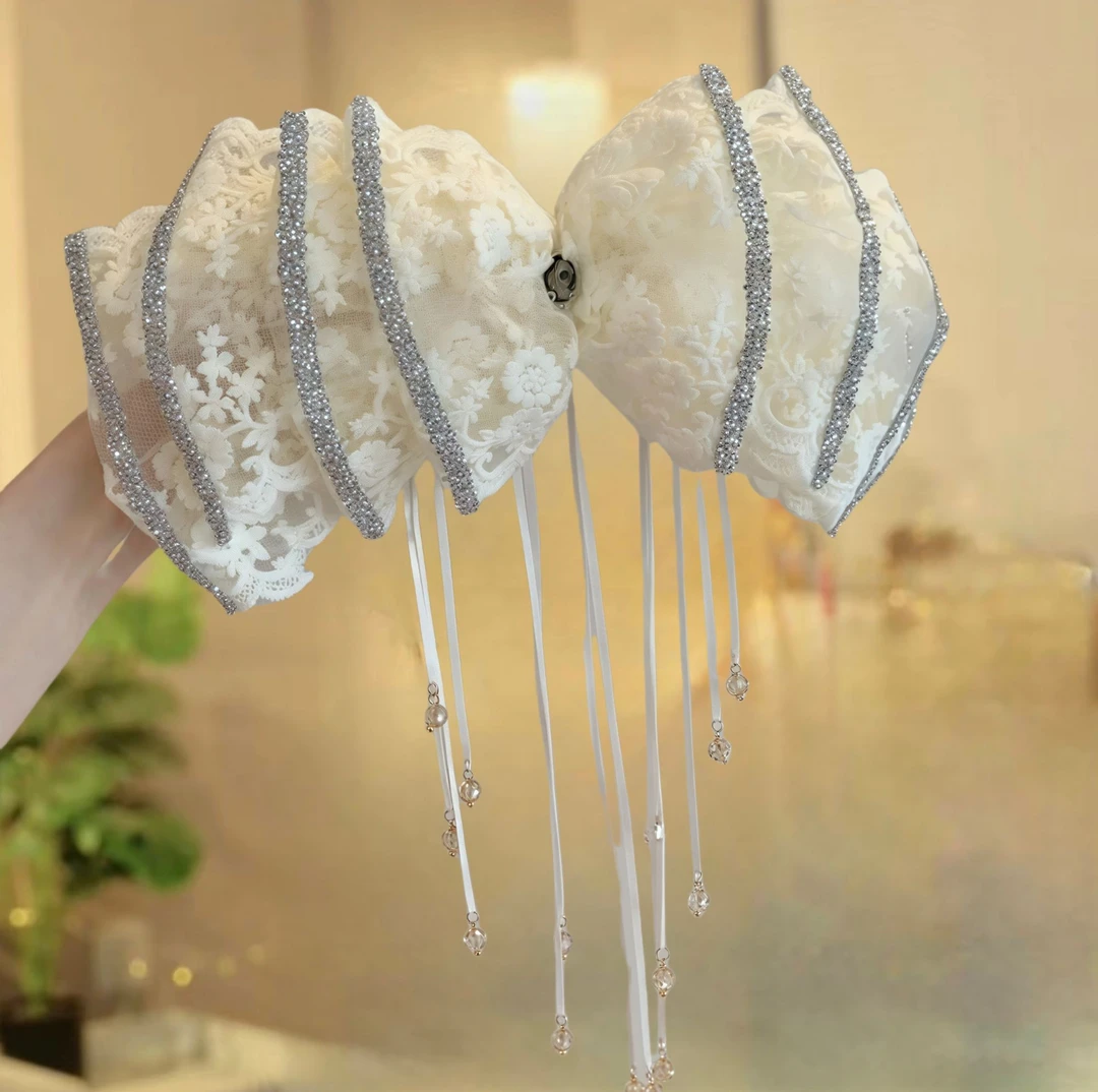 多层立体浮雕蕾丝超大号云朵蝴蝶结弹簧夹长丝带吊坠显脸小发饰