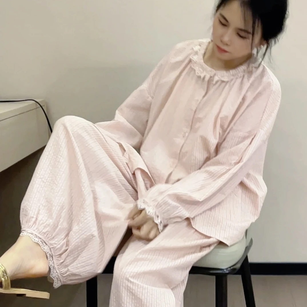 睡衣女款2025新款春款蕾丝花边宽松灯笼袖棉麻大码家居服套装外穿