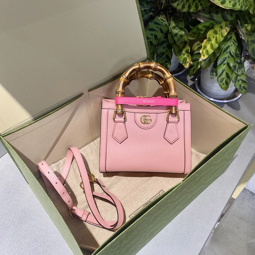 95新 GUCCI/古驰 古驰   粉色竹节手柄托特包 手提斜挎包