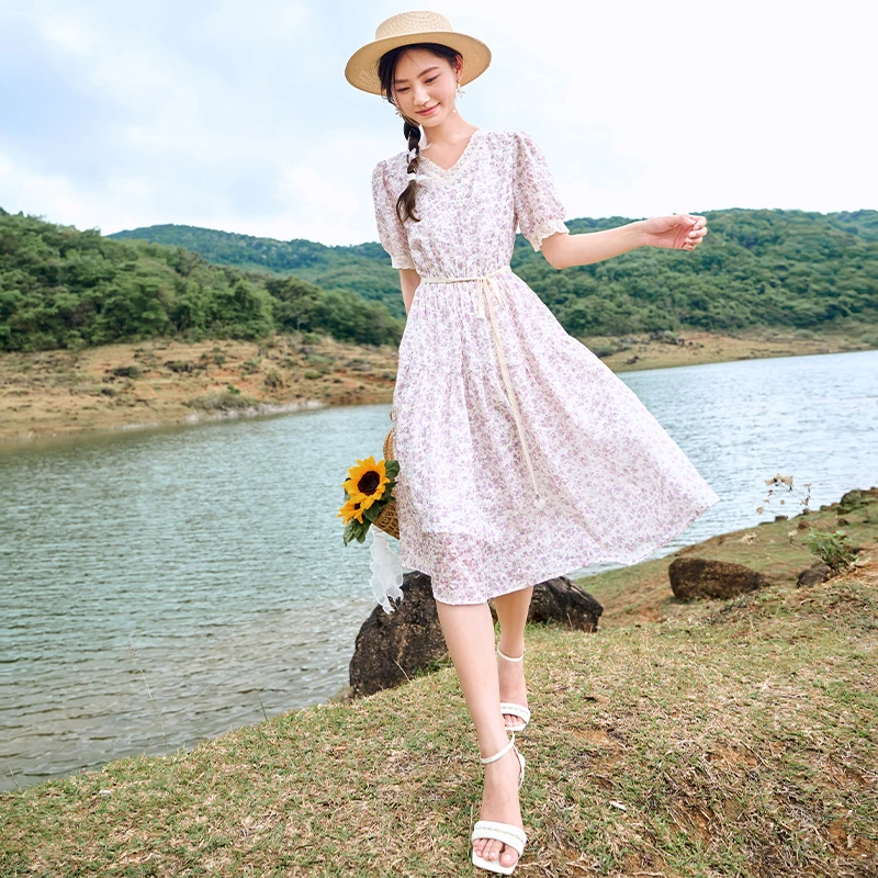 【李易行】Q832267连衣裙 香影碎花连衣裙女夏装新款显瘦收腰泡