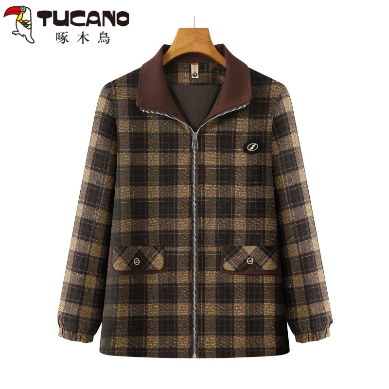 啄木鳥中老年人秋装外套女妈妈休闲格子夹克老人衣服奶奶新款秋拉