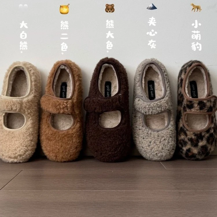 复古毛毛玛丽珍鞋大头可爱毛毛鞋加绒棉鞋百搭低帮保暖休闲