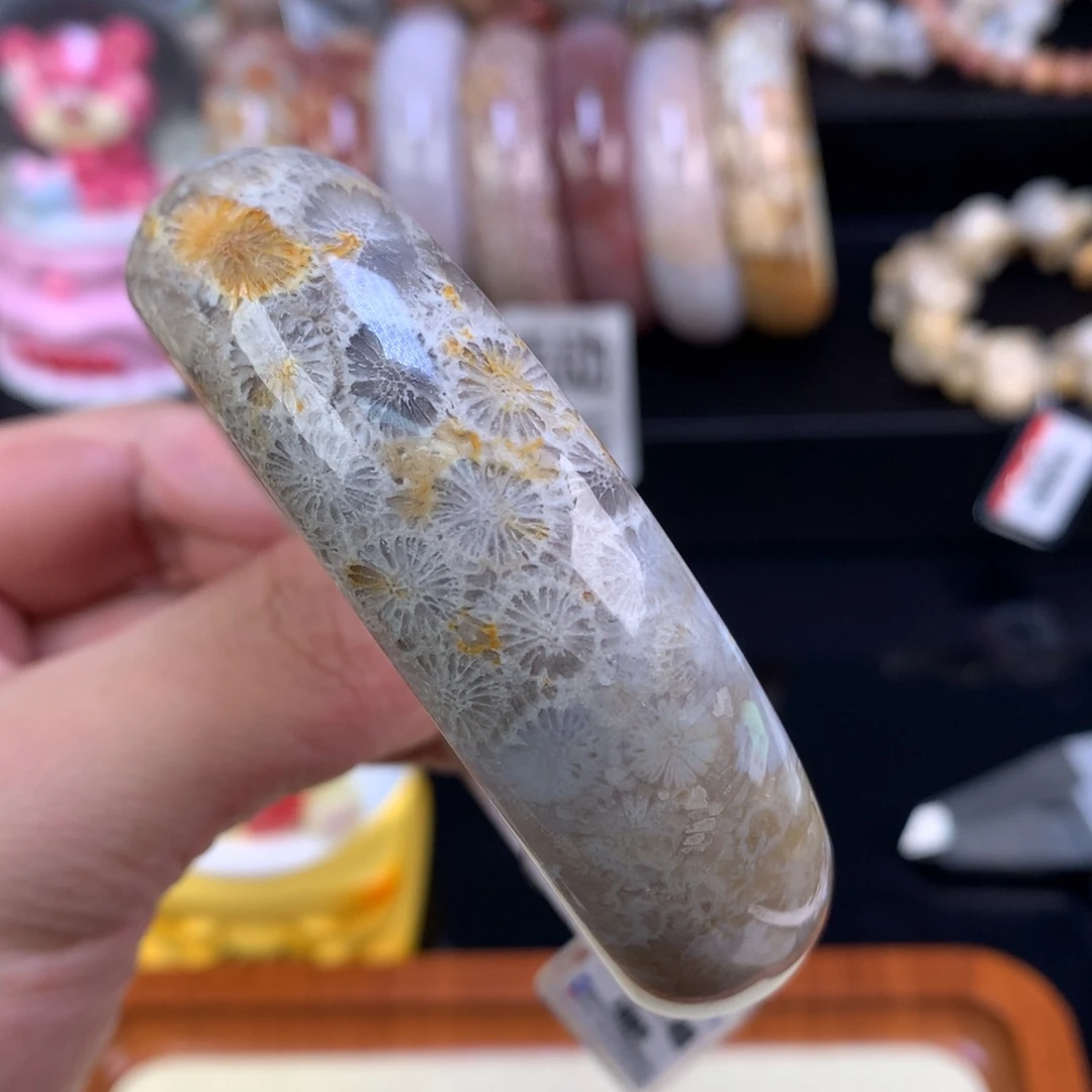 硅化珊瑚（珊瑚玉）未镶嵌手链40号63.5圈灰蓝大花花