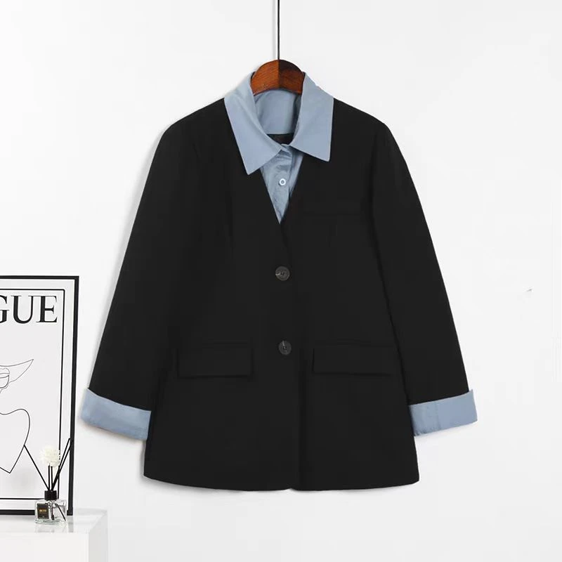 8911-DQ黑色拼接蓝领西装外套