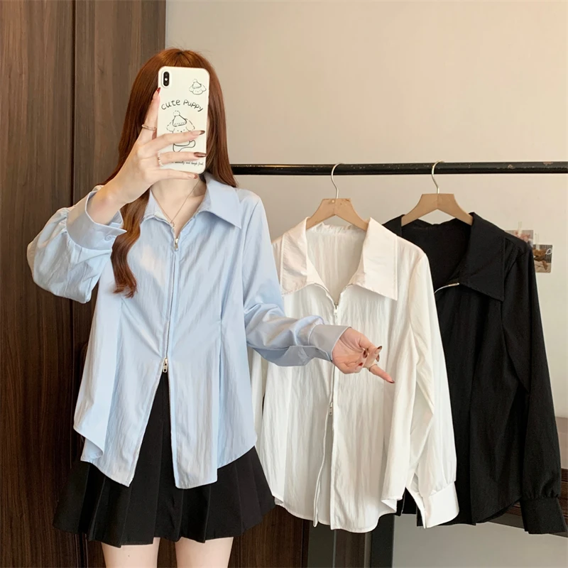 大码女装2025秋装新款时尚显瘦设计感拉链长袖衬衫上衣1700