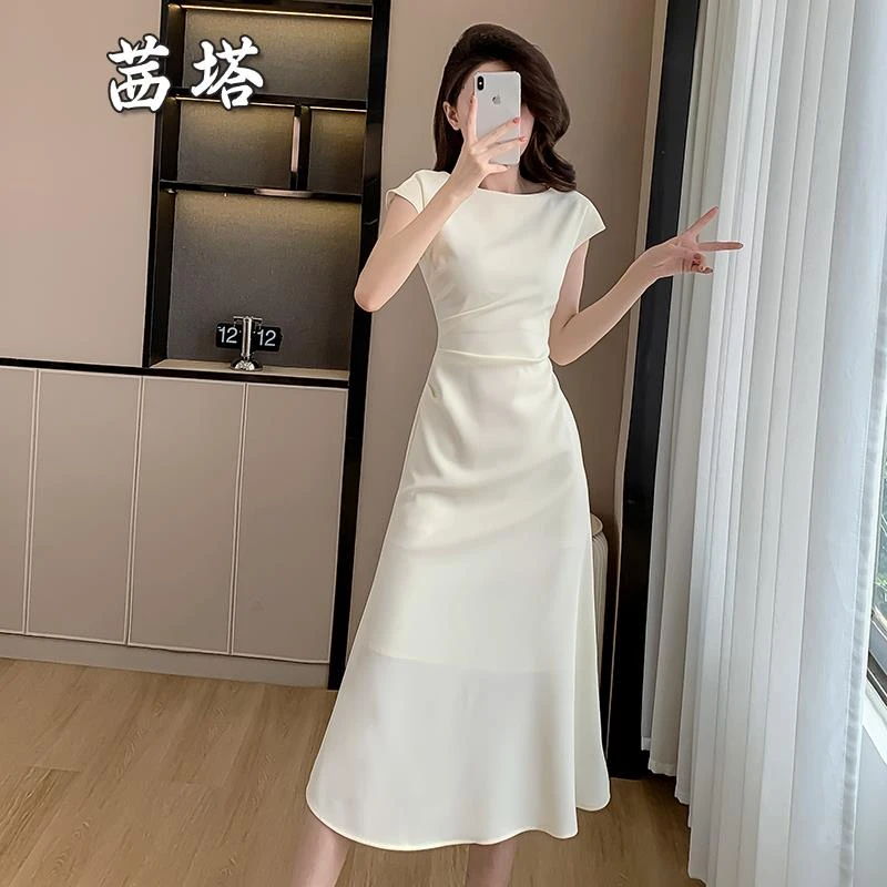 法式收腰连衣裙子气质白色鱼尾裙2025夏季新款女高级感显瘦中长裙