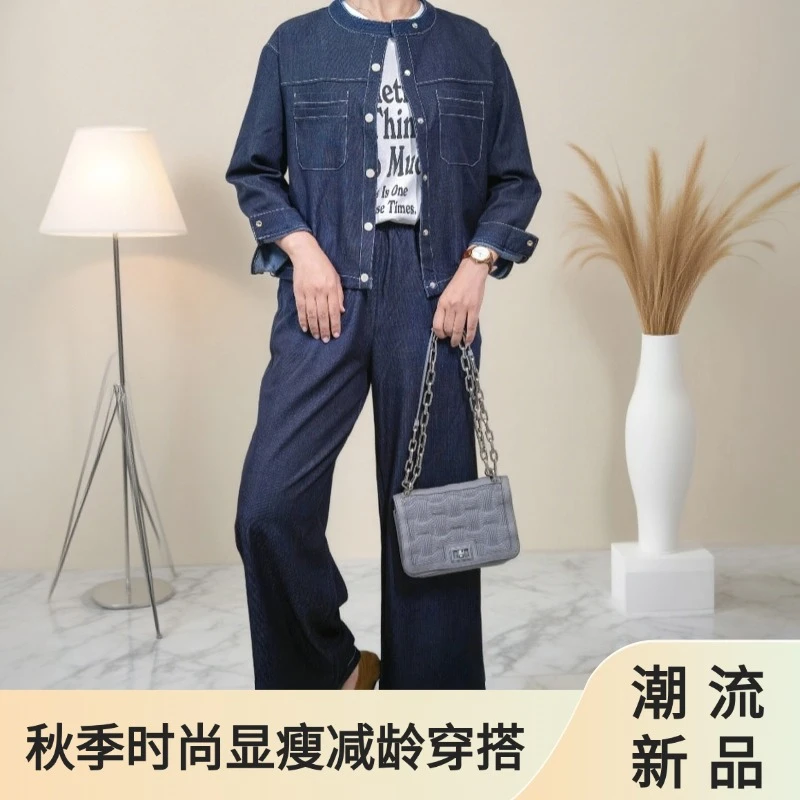 新款商务通勤时尚牛仔套装女休闲翻领复古上衣潮流春秋工厂批发