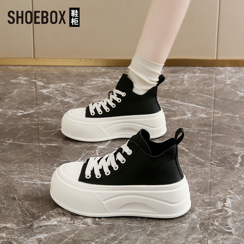 SHOEBOX鞋柜厚底增高板鞋女2025秋新款时尚休闲百搭韩版高帮鞋