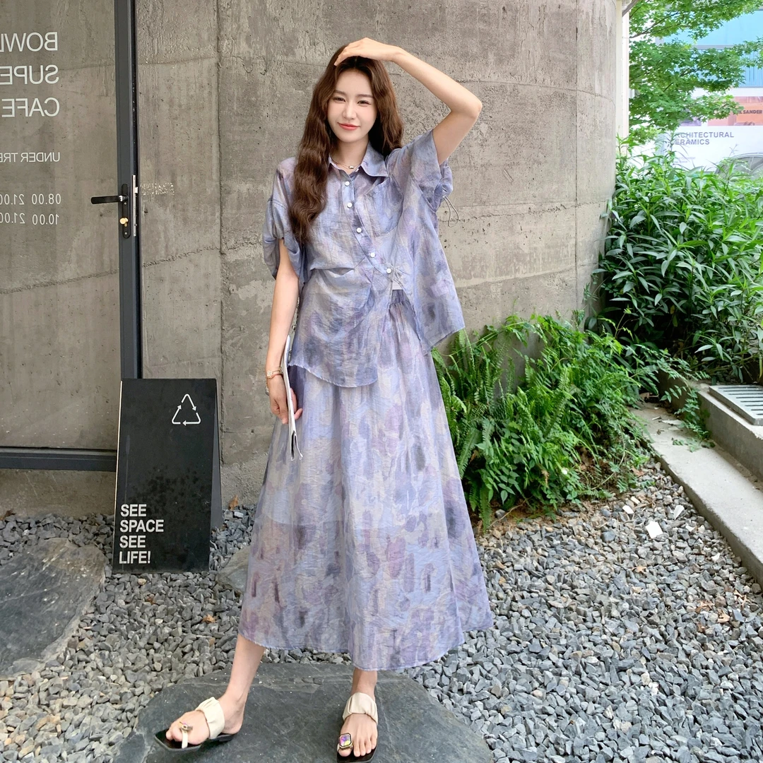 时尚气质紫色扎染套装裙女2025年夏季新款不规则衬衣半身裙两件套