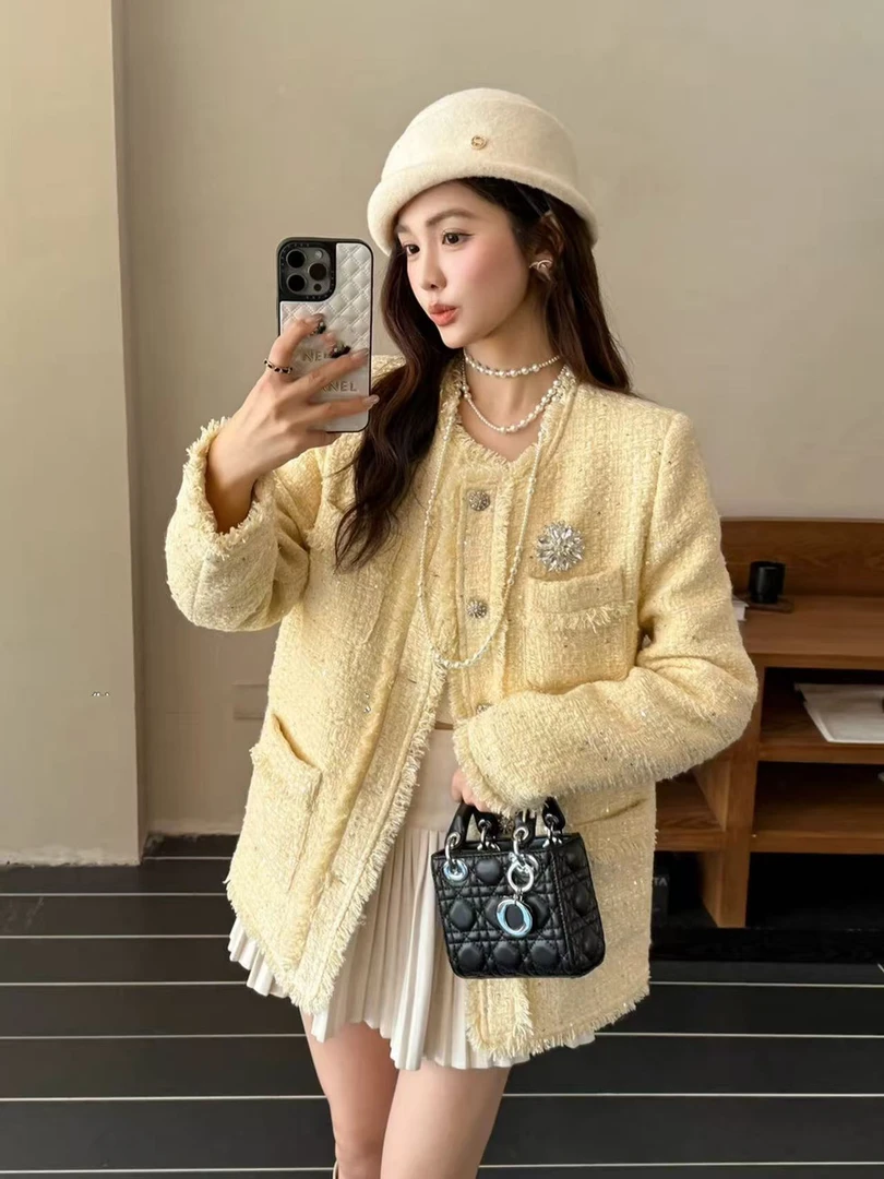 SS25862重工亮片流苏毛边小香风夹棉加厚粗花呢中长款配胸针外套