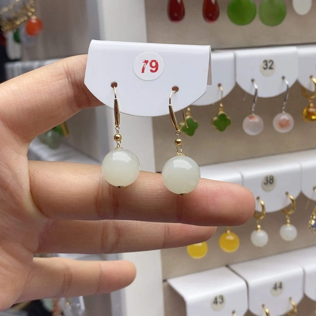 18K金镶嵌和田玉耳饰j*